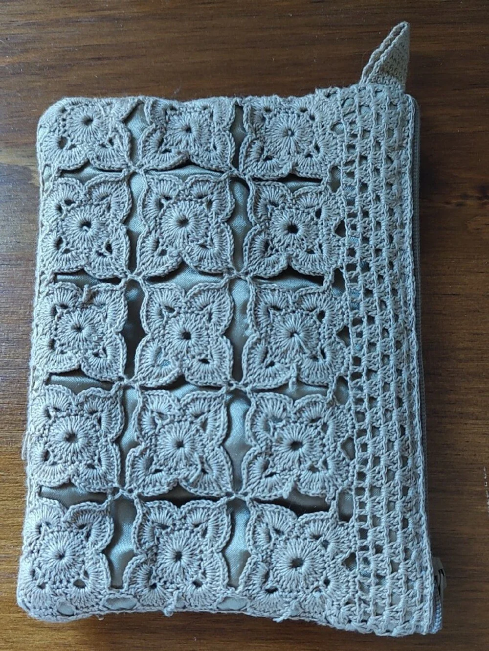 Ornate Crochet Zip Clutch Dark Beige w/Silky Lining